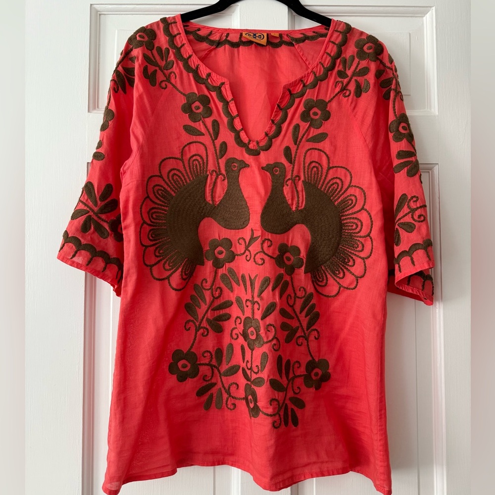 Tory Burch Coral and Brown Embroidered Tunic